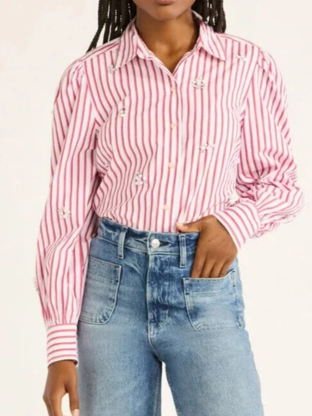 Free assembly red white striped button down jewel top shirt size S